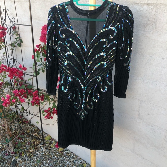 Formalblack mesh sequin beaded silk mini dress with long sleeve holiday sparkle - Picture 15 of 16